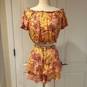 Poupette St Barth Floral Off-Shoulder Top and Skirt Set in new condition